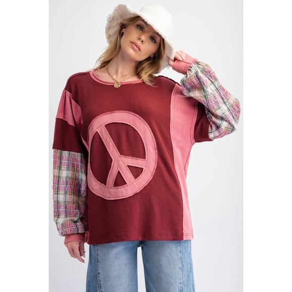Easel Plus 2X Top Peace Patch Mineral Washed Plaid Patterned Sleeve Boho NEW - Picture 1 of 15